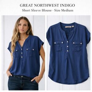 Great Northwest Indigo Blue Rayon Blouse Size M | Short Sleeve Button Front Top
